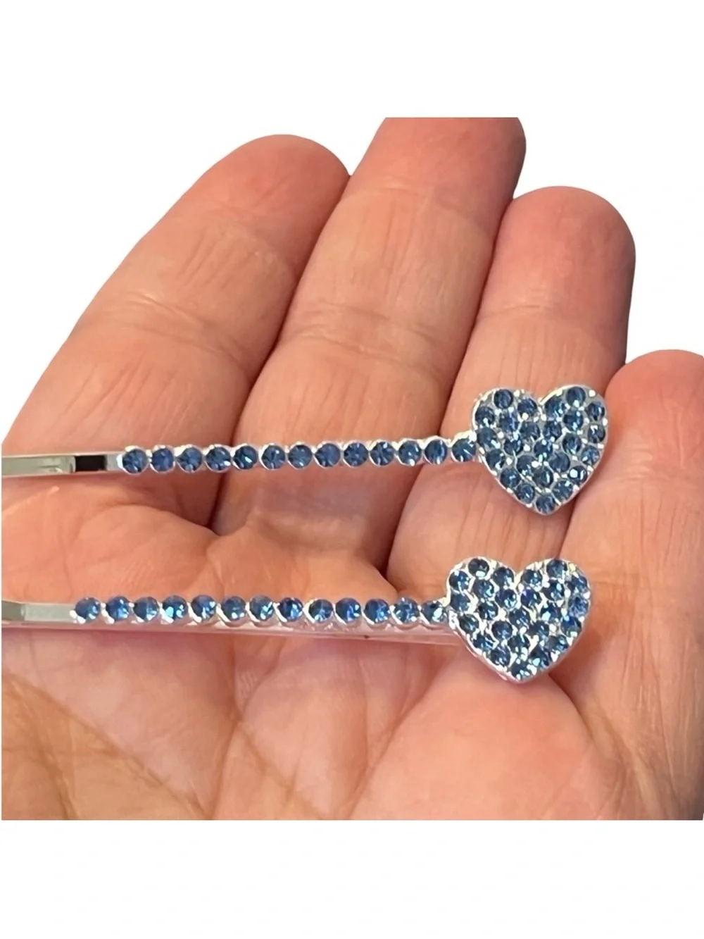 Blue Heart Crystal Rhinestone Silver Hairpins appox 2.5”FINAL PRICE DROP